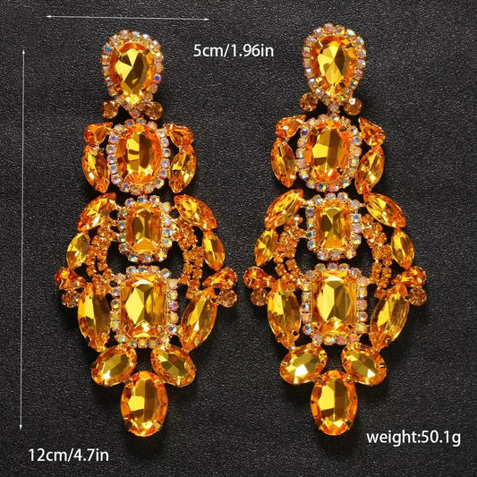 Long Geometric Gemstone Statement Dangle Earrings Bride Jewelry Women Shiny Hanging Yellow Crystal Earrings for Wedding