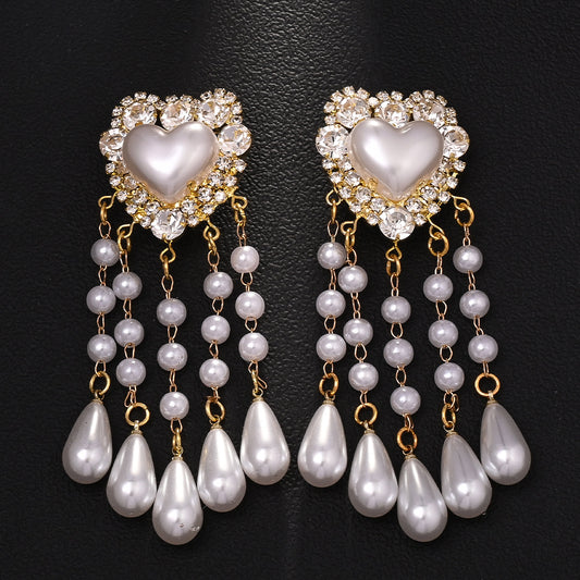 Love ear clip, European and American fashion rhinestone pendant, tassel earrings
