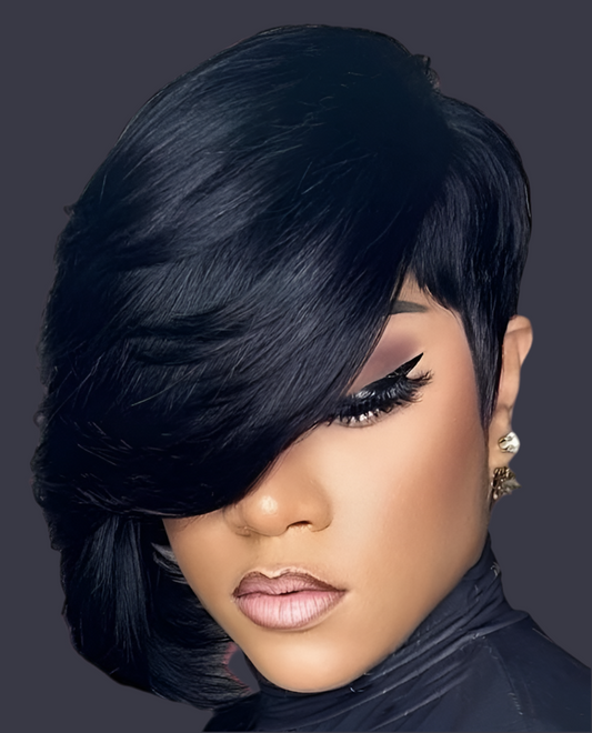 100% Human Hair Pixie Cut Wig with Long Bang 8” Natural Glueless
