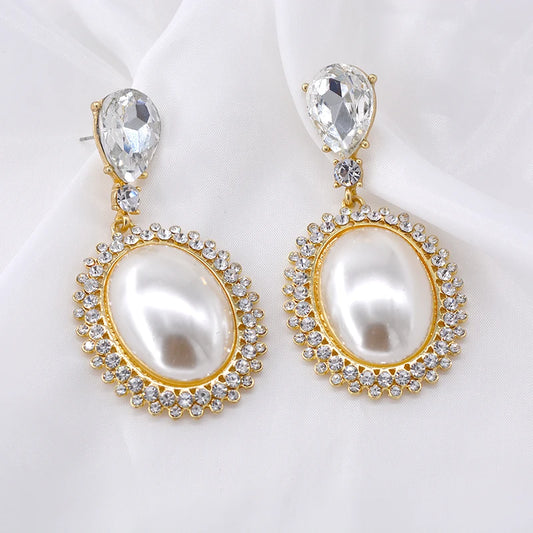 Asymmetric Big Oval Pearl Crystal Long Drop Earrings White Imitation Pearl Dangle Earrings