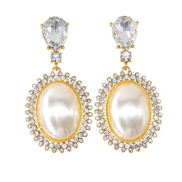 Asymmetric Big Oval Pearl Crystal Long Drop Earrings White Imitation Pearl Dangle Earrings