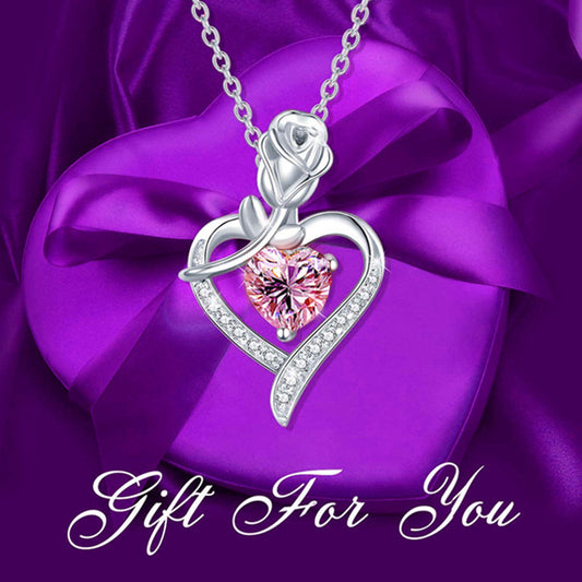 Fashionable Women's Rose Heart Shape Diamond Pendant Necklace Mother's Day Gift