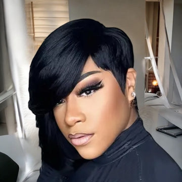 100% Human Hair Pixie Cut Wig with Long Bang 8β Natural Glueless