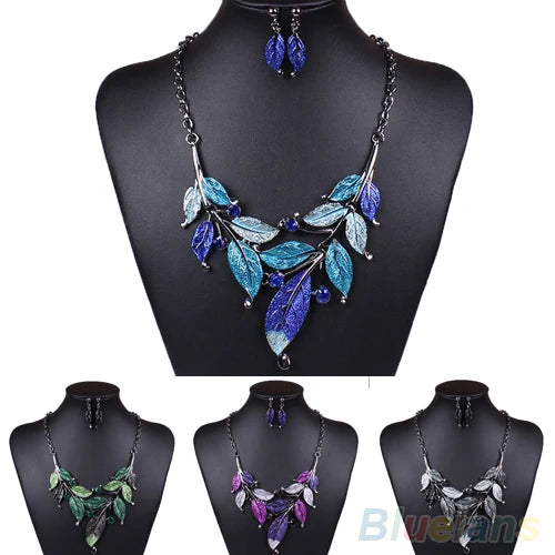 Classic Colorful Leaf Rhinestone Alloy Drop Necklace Earrings Jewelry