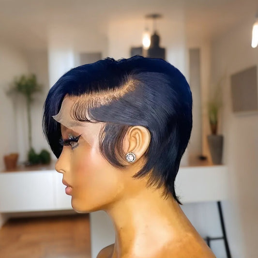 100% Human Hair Pixie Wig with Side Bangs 8” Natural