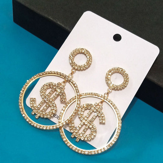 Dollar $Letter Symbol Coin Rhinestone Earrings