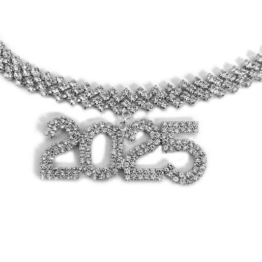 Hip-hop rhinestone number 2025 pendant necklace personalized shiny rhinestone New Year necklace for women