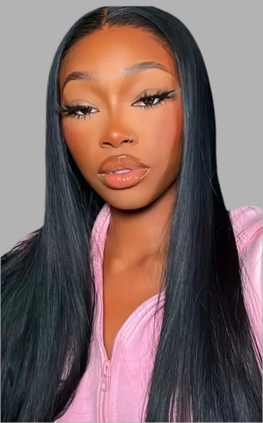 100% Human Hair Straight 5x5 28” 180% Density Natural Black Lace Front Wig.