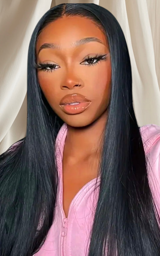 100% Human Hair Straight 5x5 28” 180% Density Natural Black Lace Front Wig.