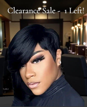 YWV 100% Human Hair Pixie Cut Wig with Long Bang 8” Natural Glueless