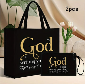 God Is Still Writing Your Story   2 Piece Handbag Canvas Set Black