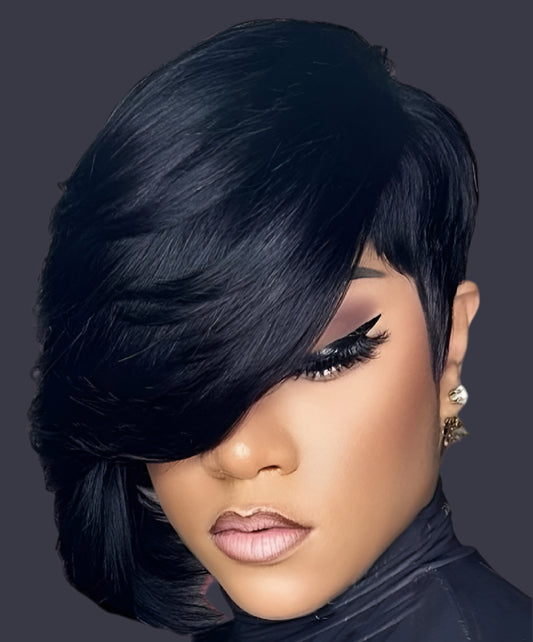 YWV 100% Human Hair Pixie Cut Wig with Long Bang 8” Natural Glueless