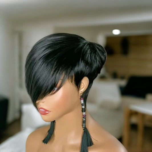 100% Human Hair Pixie Wig with Side Bangs Natural