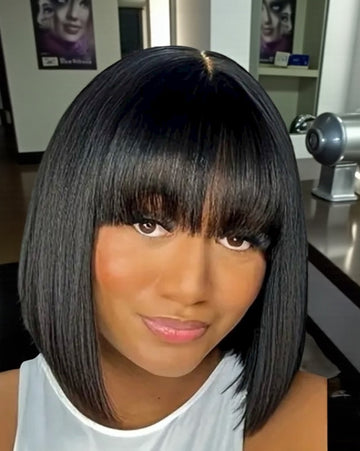YWV 100% Brazilian Hair Bob with Bangs.        Bone Straight Hair 10” Black