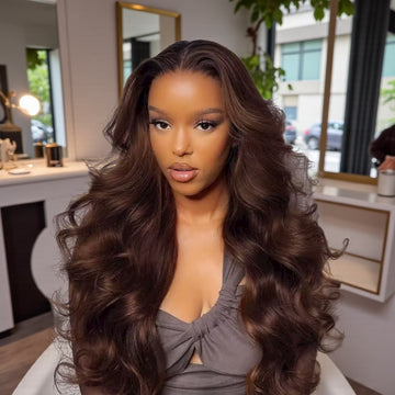 YWV Human Hair Full Body Wave Lace Front Wig 13x6 24” Cappuccino Brown