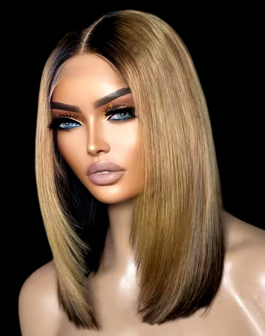 100% Human Hair Lace Front Bob Wig with Hombre Highlights Density 200%    14”