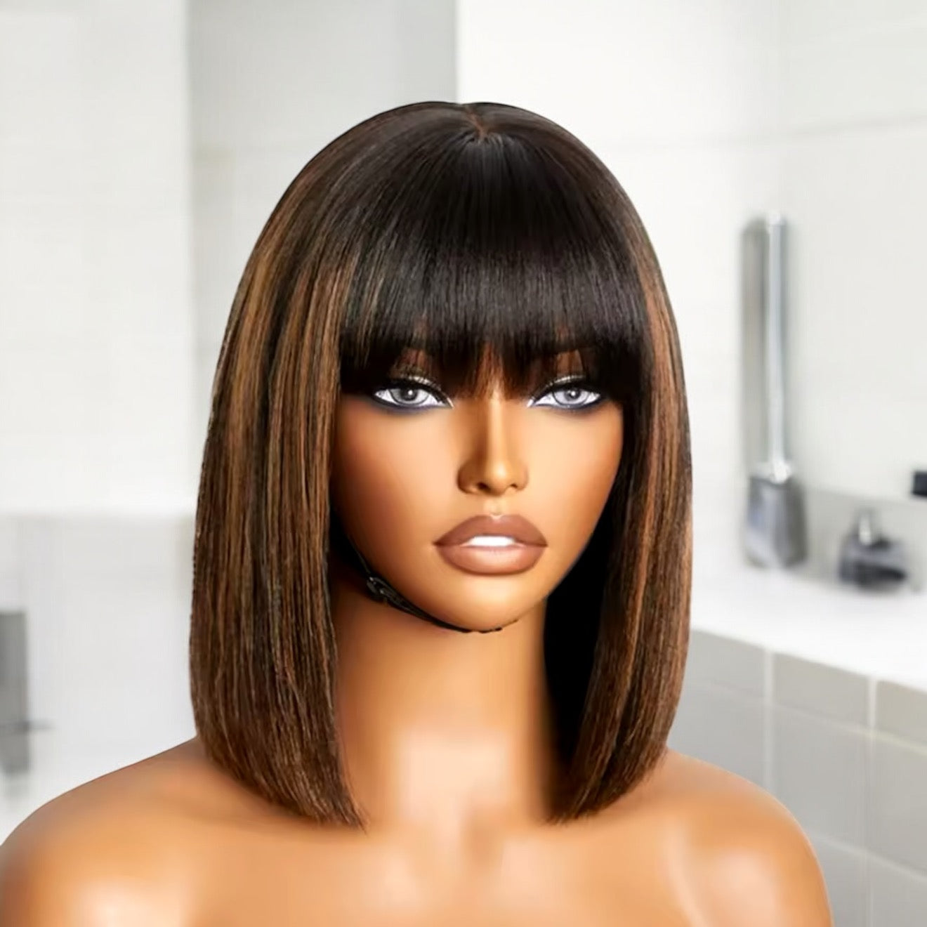 100% Human Hair Bob Wig 12” Brown Highlights